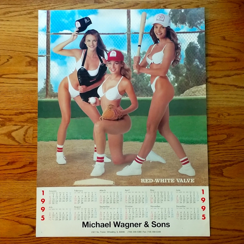 1995 Patriotic Themed Pinup Calendar/Poster Red-White Valve Advertising Baseball